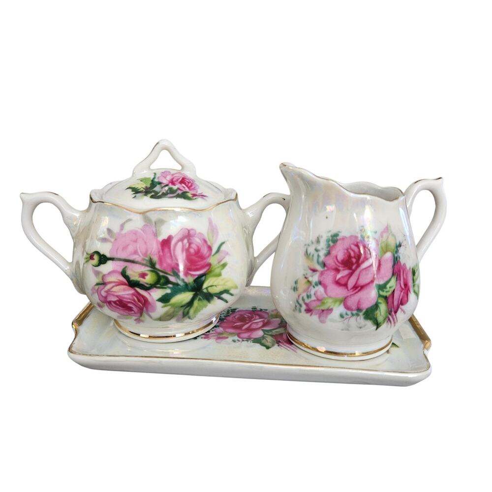 Vintage Made in Japan Porcelain Pink Rose Sugar Bowl Creamer Tray Lusterware
